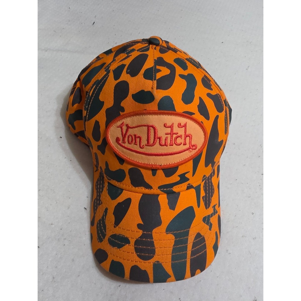 Von Dutch Orange Leopard Print Snapback Hat Y2K Logo‎ Patch Baseball Cap Cotton